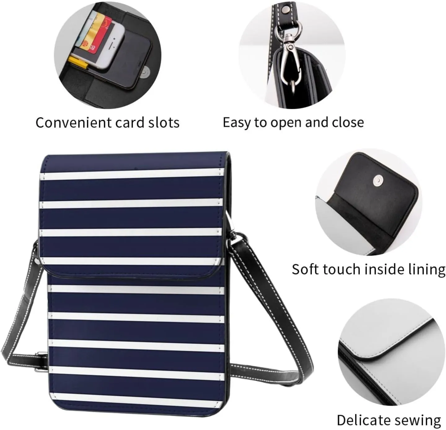 Navy Blue And White Stripes Leather Crossbody Phone Purse for Women Cute Wallet Bags Lightweight Mini Sling Bag