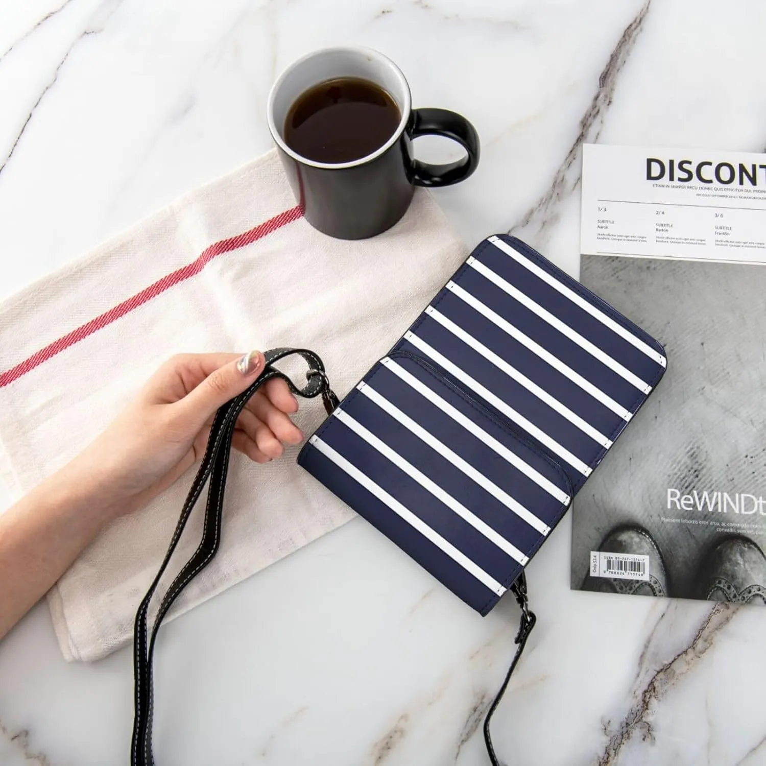 Navy Blue And White Stripes Leather Crossbody Phone Purse for Women Cute Wallet Bags Lightweight Mini Sling Bag