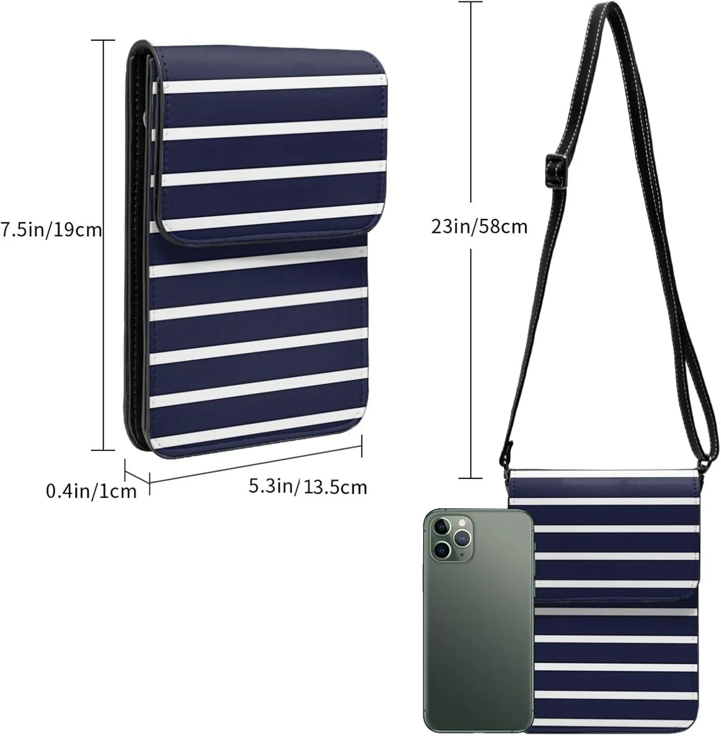 Navy Blue And White Stripes Leather Crossbody Phone Purse for Women Cute Wallet Bags Lightweight Mini Sling Bag