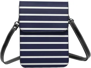 Navy Blue And White Stripes Leather Crossbody Phone Purse for Women Cute Wallet Bags Lightweight Mini Sling Bag