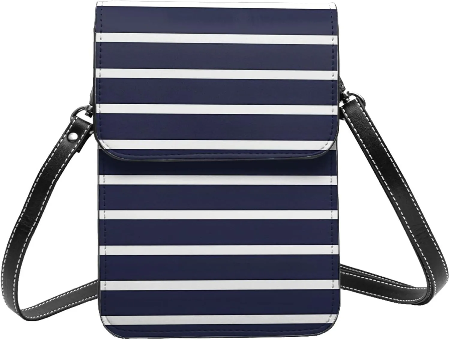 Navy Blue And White Stripes Leather Crossbody Phone Purse for Women Cute Wallet Bags Lightweight Mini Sling Bag