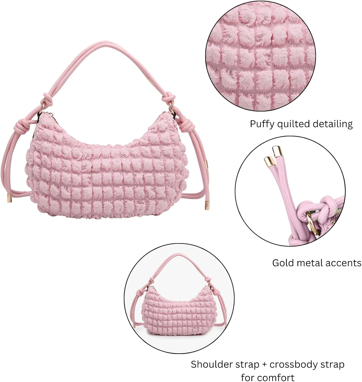 Nelly Quilted Puffy Shoulder Bag for Women Nylon Crossbody Purse Ladies Hobo Handbag with Knotted Strap