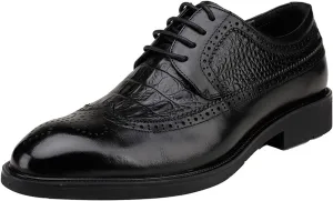 New Dress Oxford for Men Lace Up Crocodile Brogue Embossed Wingtips Round Toe Leather Slip Resistant Rubber Sole Low Top Anti-Slip Block Heel Wedding