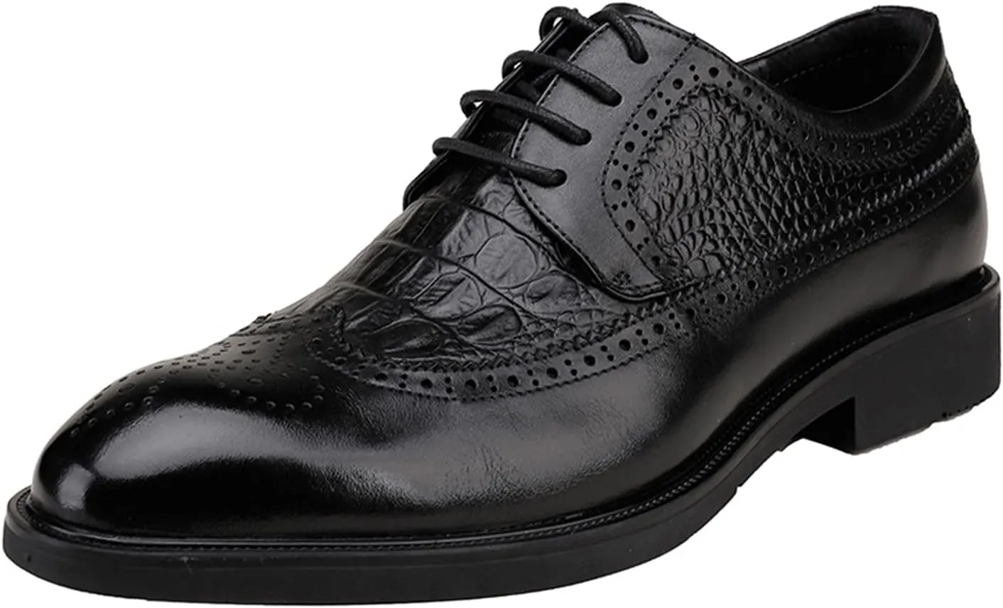 New Dress Oxford for Men Lace Up Crocodile Brogue Embossed Wingtips Round Toe Leather Slip Resistant Rubber Sole Low Top Anti-Slip Block Heel Wedding