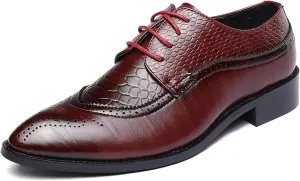 New Formal Shoes for Men Lace Up Brogue Embossed Crocodile Embossed PU Leather Block Heel Rubber Sole Low Top Non Slip Business