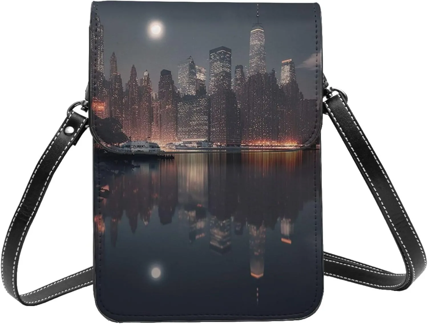New York landscape skyscrapers Night dark Leather Small Crossbody Bags for Women Cell Phone Bag Wallet Purses with Adjustable Strap