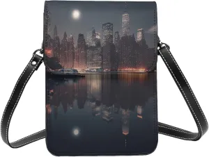 New York landscape skyscrapers Night dark Leather Small Crossbody Bags for Women Cell Phone Bag Wallet Purses with Adjustable Strap