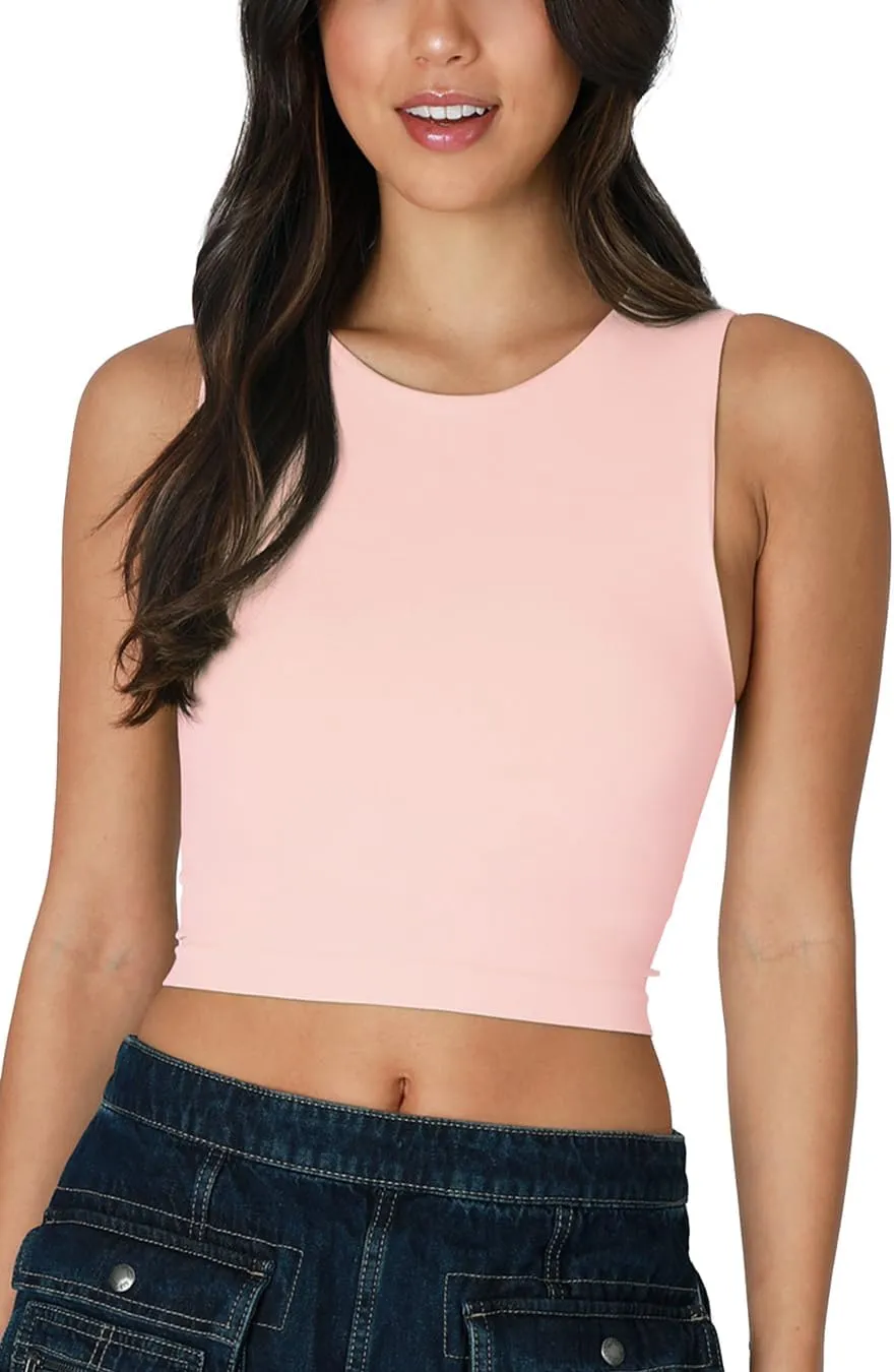 NIKIBIKI Women Seamless Clean Line Crew Neck Crop Top, Made in U.S.A, One Size
