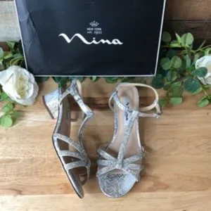 NINA Gwynn Strappy Snake Embossed Sandal in Silver Samara Exotic 7m