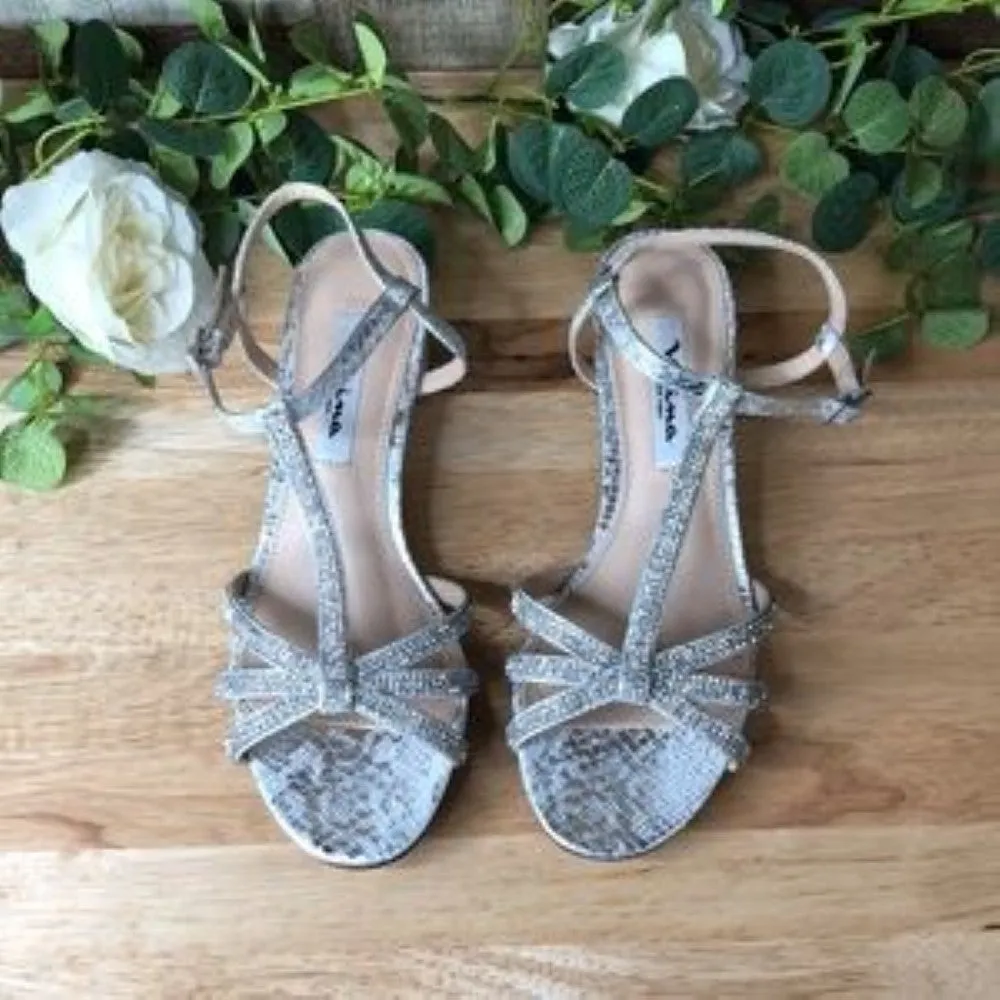 NINA Gwynn Strappy Snake Embossed Sandal in Silver Samara Exotic 7m