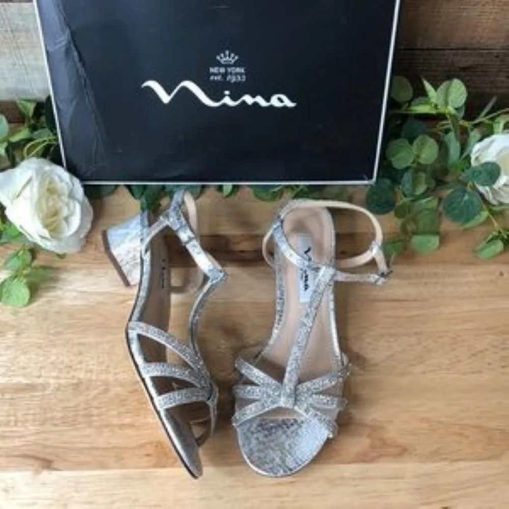 NINA Gwynn Strappy Snake Embossed Sandal in Silver Samara Exotic 7m