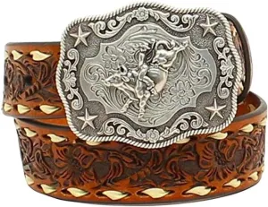 Nocona Boots Men's 1-1/4" Bull Rider Floral Embossed Leather Western Belt Buckle, Tan, 30