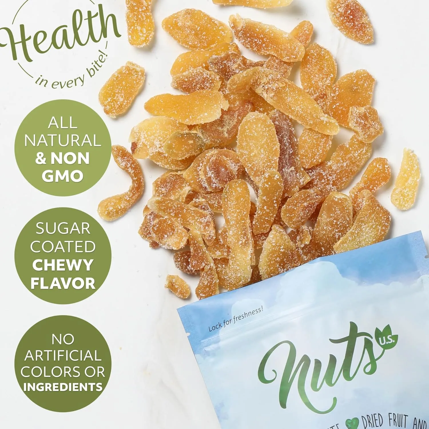 NUTS U.S. - Dried Crystallized Ginger Slices | All Natural and Non GMO | No Artificial Colors or Ingredients | Sugar Coated Chewy Flavor | Packed in Resealable Bag!!! (Unsulfured 2 LBS)
