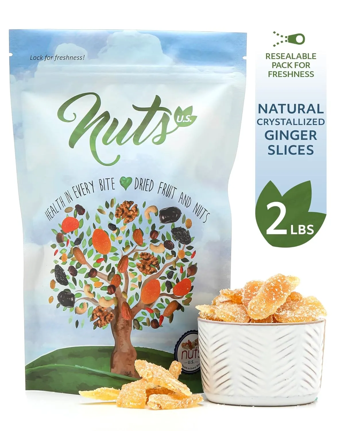 NUTS U.S. - Dried Crystallized Ginger Slices | All Natural and Non GMO | No Artificial Colors or Ingredients | Sugar Coated Chewy Flavor | Packed in Resealable Bag!!! (Unsulfured 2 LBS)