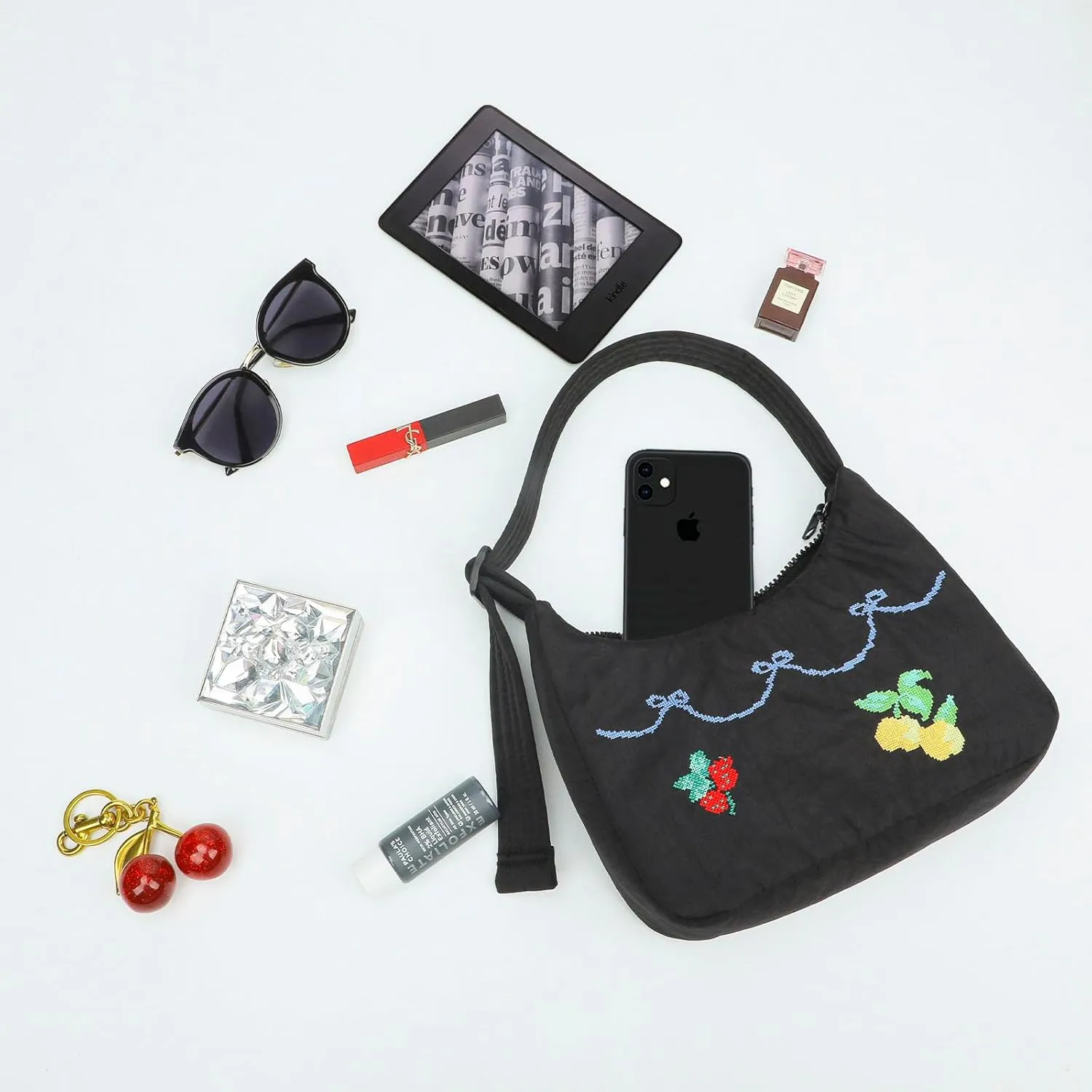 Nylon Shoulder Bag - Adjustable Quilted Strap, Structured Slouchy Design with Interior Zip Pocket