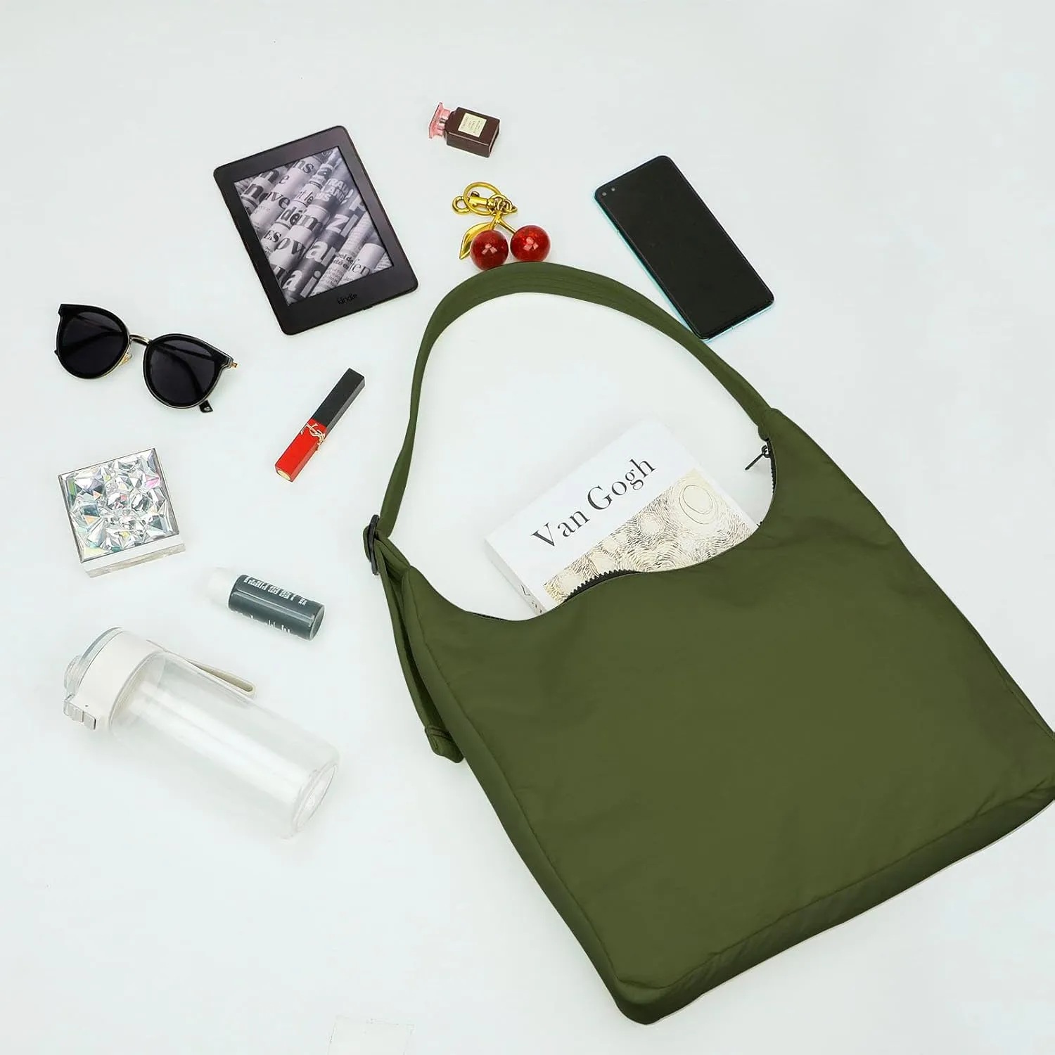 Nylon Shoulder Bag - Adjustable Quilted Strap, Structured Slouchy Design with Interior Zip Pocket