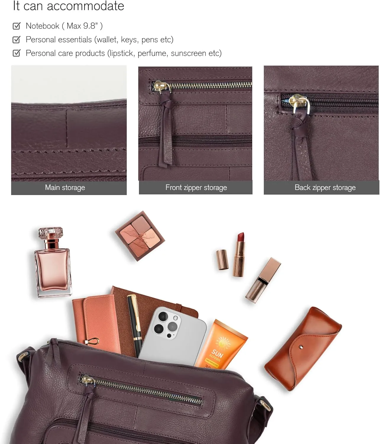 Oak Leathers Women's Crossbody Bag - Genuine Leather Crossover Shoulder Purse With Adjustable Sling Strap - Medium Size