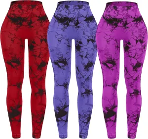 OVESPORT 3 Pack Tie Dye Seamless High Waisted Workout Leggings for Women Scrunch Butt Lifting Yoga Gym Athletic Pants