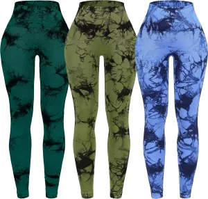 OVESPORT 3 Pack Tie Dye Seamless High Waisted Workout Leggings for Women Scrunch Butt Lifting Yoga Gym Athletic Pants