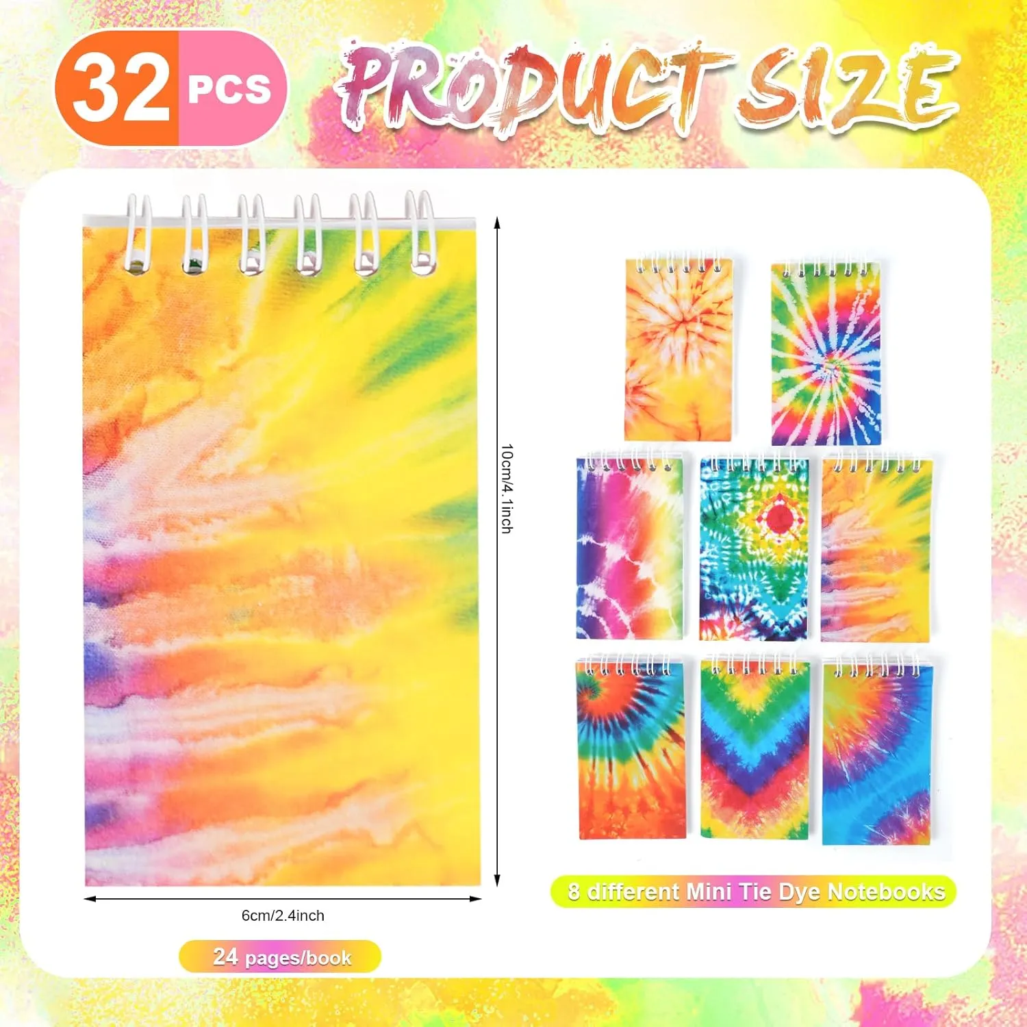 OZIO 32PCS Mini Tie Dye Notepads Multicolor Style Pocket Notebooks for Kids, Spiral Mini Notebook Pastel Art Party Small Notepad for Tie Dye Birthday Party Favors, 8 Styles