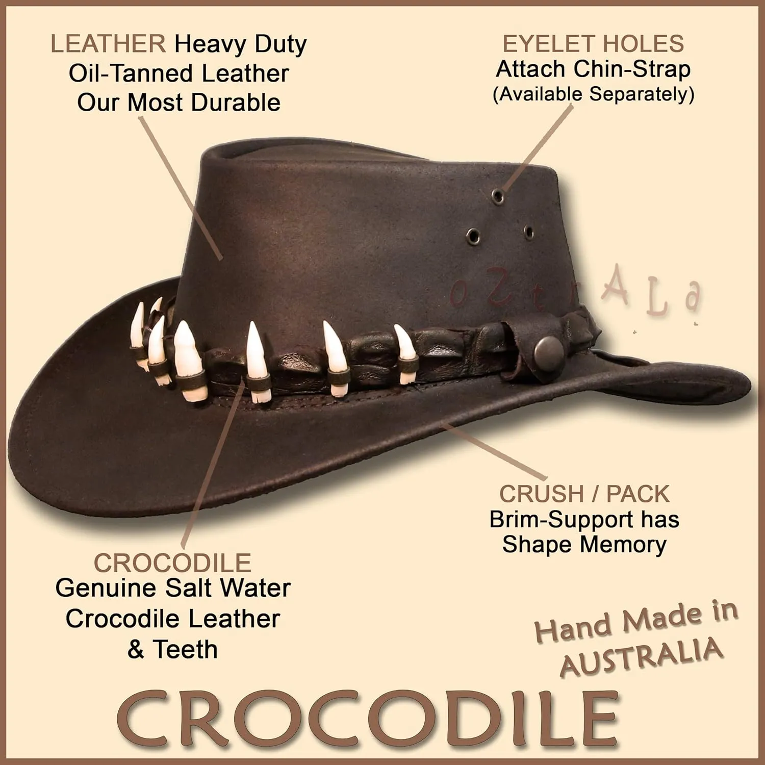 Oztrala】Leather Hat Crocodile Band Australian Outback Dundee Aussie Mens Womens Jacaru Black Brown Cowboy HLC1 US