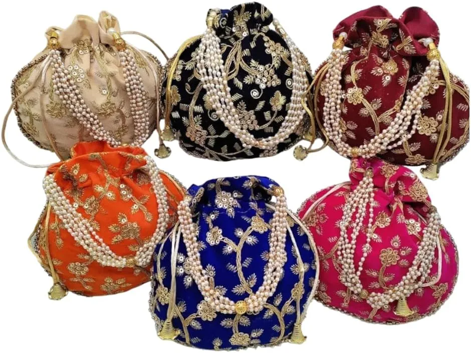 Pack of 50 Handmade Women's Velvet Embroidered Potli Purse Bag Pouch Drawstring Bag Indian Potli Handbag