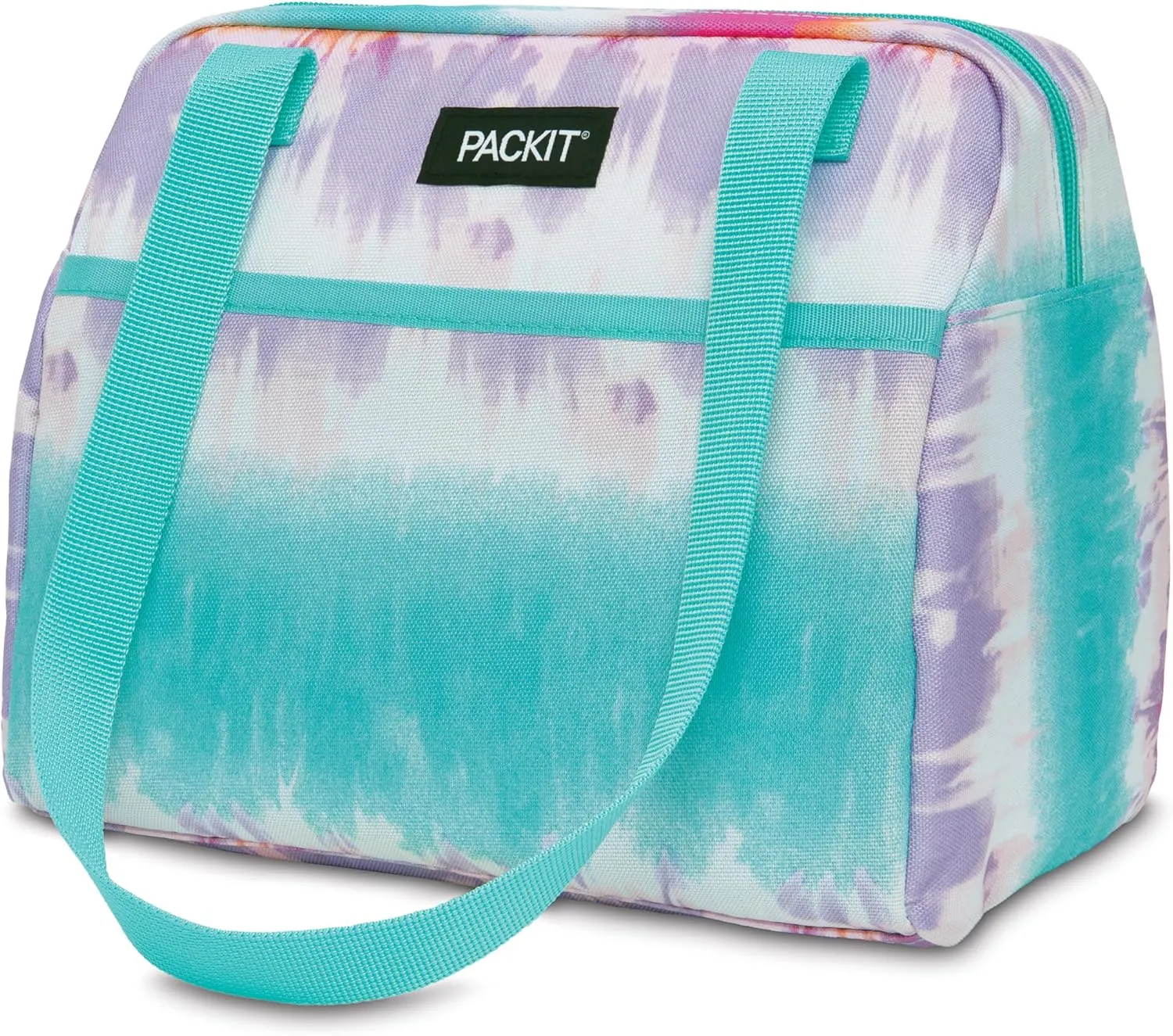 PackIt Freezable Hampton Lunch Bag, Tie Dye Sorbet, Built with EcoFreeze Technology, Collapsible, Reusable, Zip Closure with Front Pocket and Shoulder Straps, Perfect for Tweens and Adults