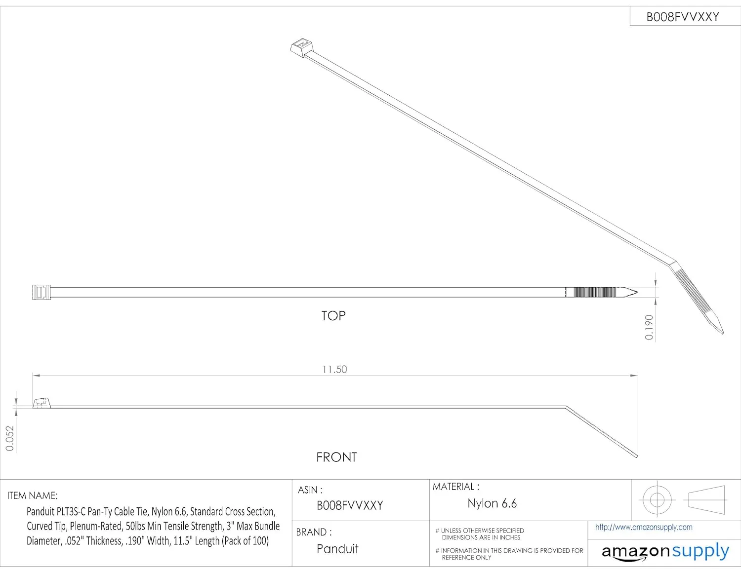 Panduit PLT3S-M Cable Tie, Standard, Nylon 6.6, 11.5-Inch Length - Natural (1000-Pack)