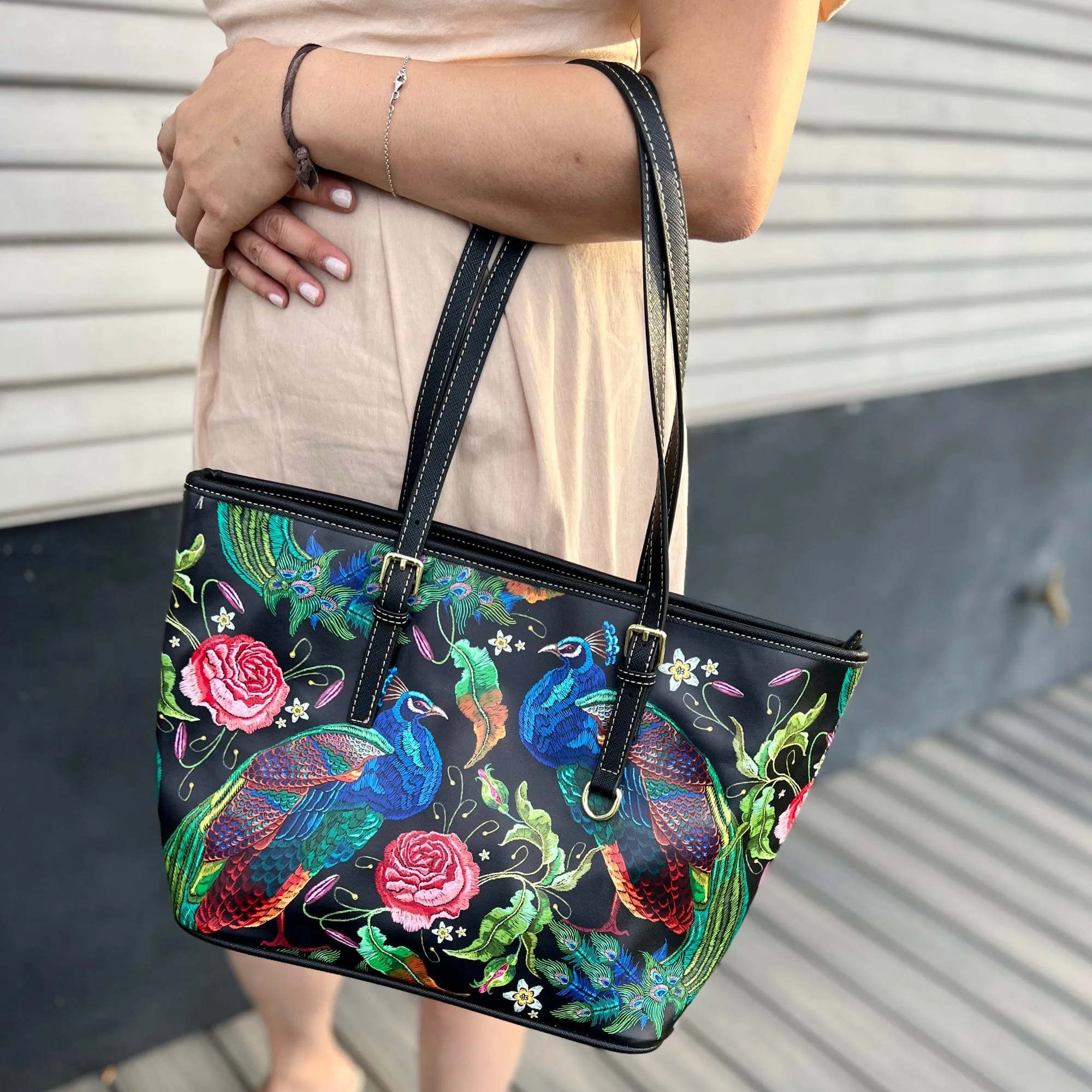 Peacocks Parade | Leather Tote Bag