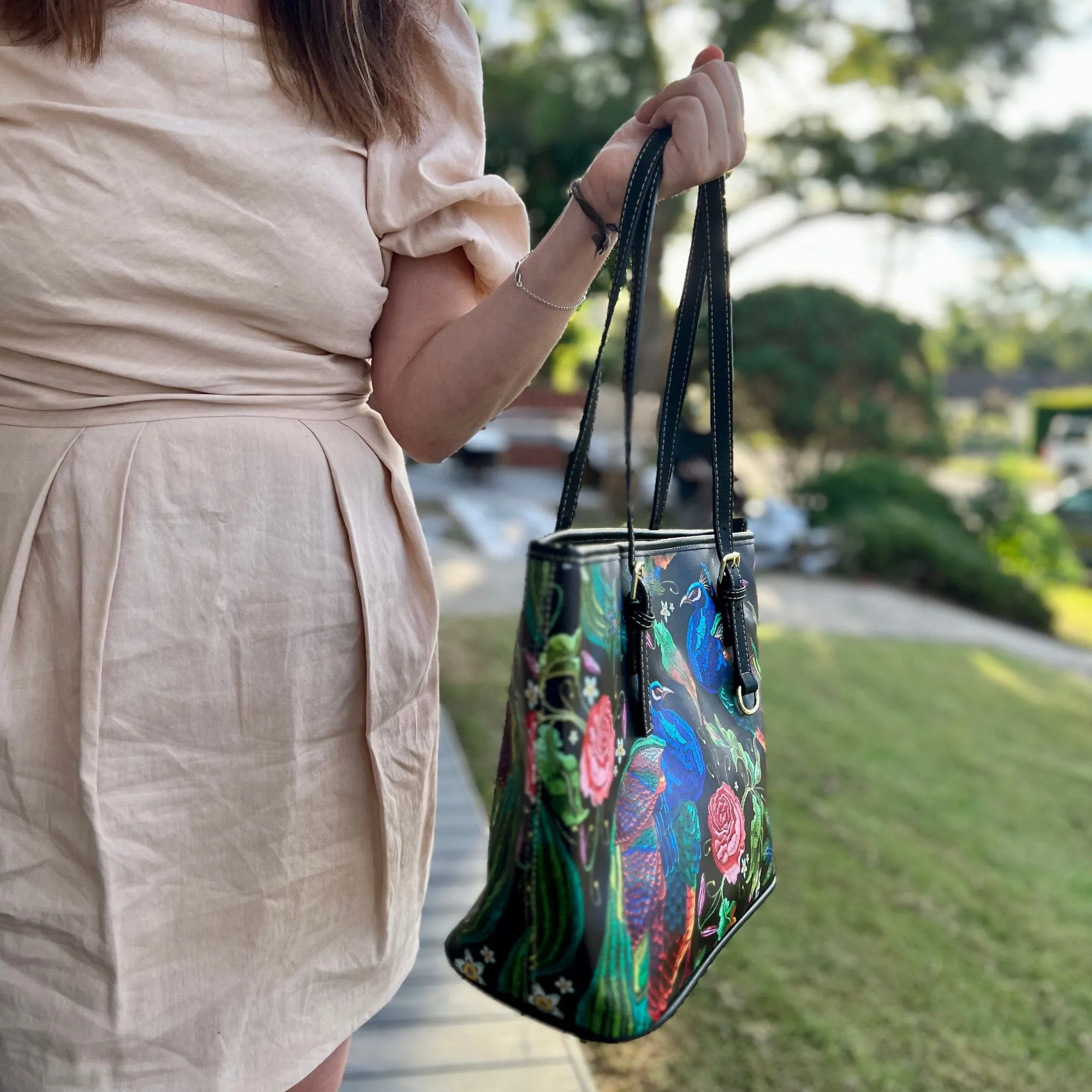 Peacocks Parade | Leather Tote Bag