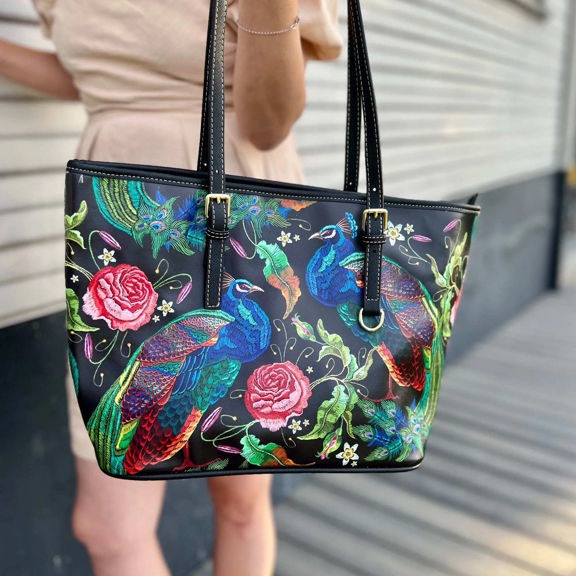 Peacocks Parade | Leather Tote Bag