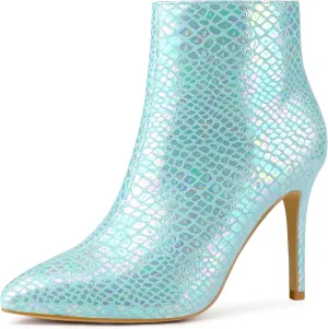 Perphy Snakeskin Printed Metallic Boots Pointed Toe Stiletto Heel Ankle Boots for Women