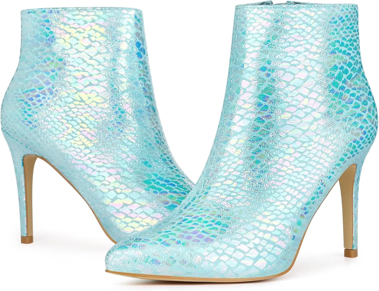 Perphy Snakeskin Printed Metallic Boots Pointed Toe Stiletto Heel Ankle Boots for Women