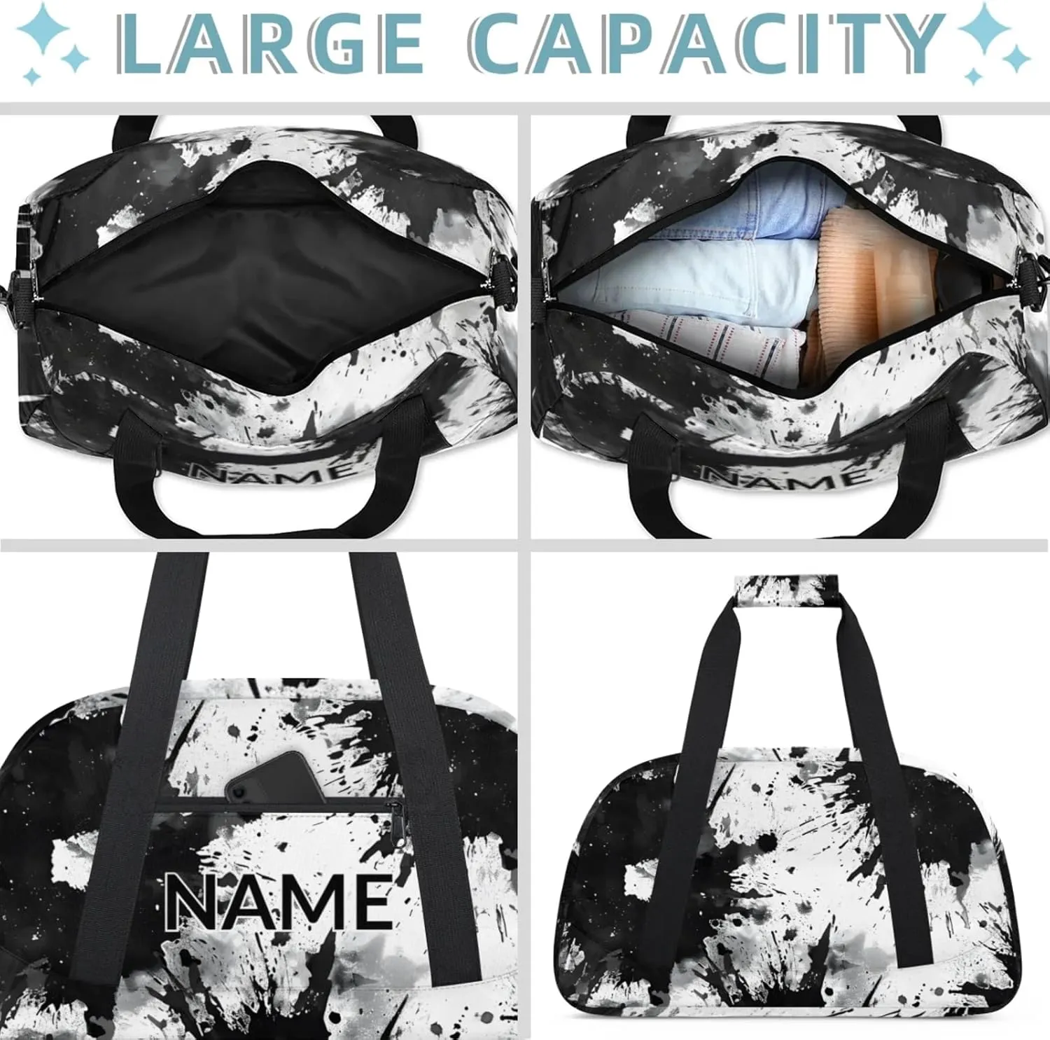 Personalized Custom Tie Dye Gym Bag for Women Men Carry on Travel Duffel Tote Vintage Black White Overnight Workout Weekender Bag