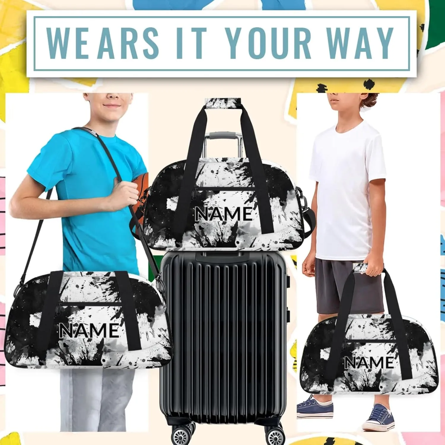 Personalized Custom Tie Dye Gym Bag for Women Men Carry on Travel Duffel Tote Vintage Black White Overnight Workout Weekender Bag