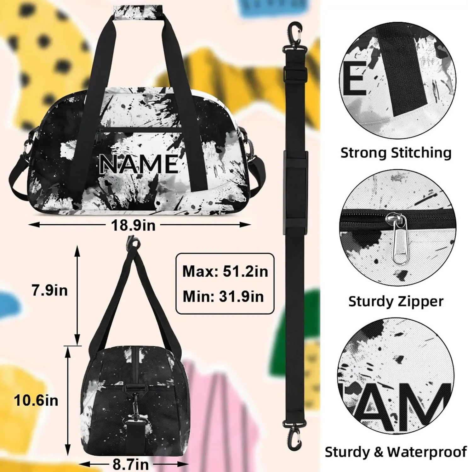 Personalized Custom Tie Dye Gym Bag for Women Men Carry on Travel Duffel Tote Vintage Black White Overnight Workout Weekender Bag