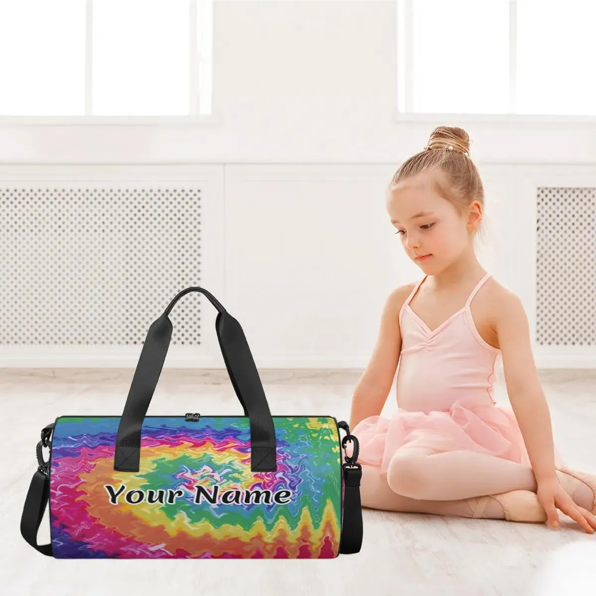Personalized Duffel Bag for Women, Custom Colorful Tie Dye Gym Bag for Sports, Waterproof Dance Bag with Name, Lightweight Carryon Gym Bag, Rainbow Spiral Visual