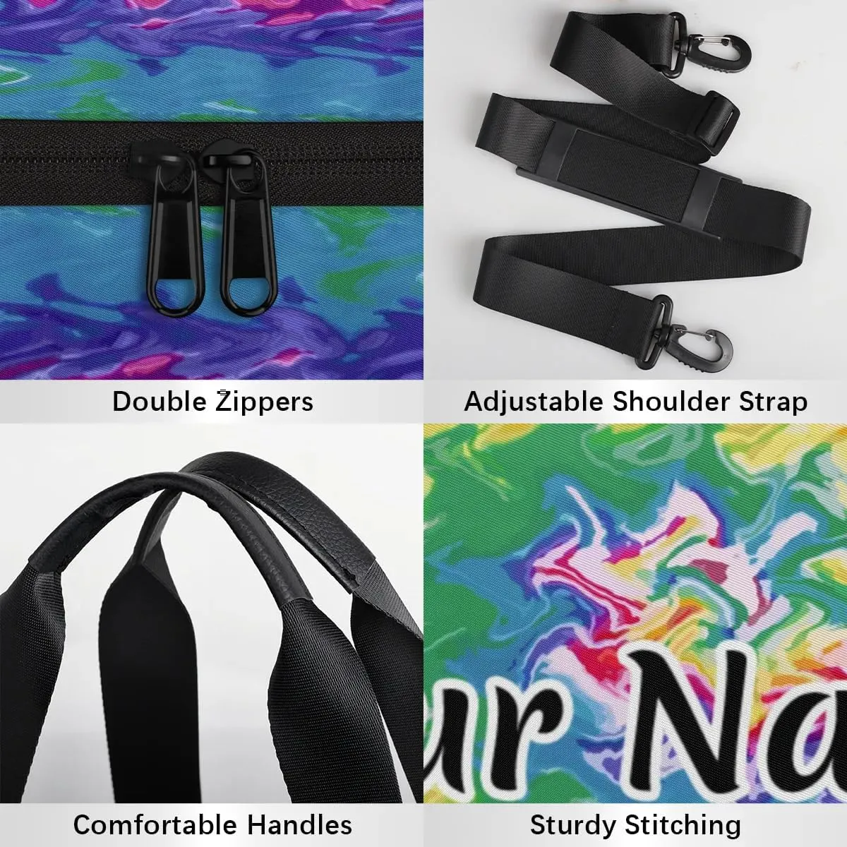 Personalized Duffel Bag for Women, Custom Colorful Tie Dye Gym Bag for Sports, Waterproof Dance Bag with Name, Lightweight Carryon Gym Bag, Rainbow Spiral Visual