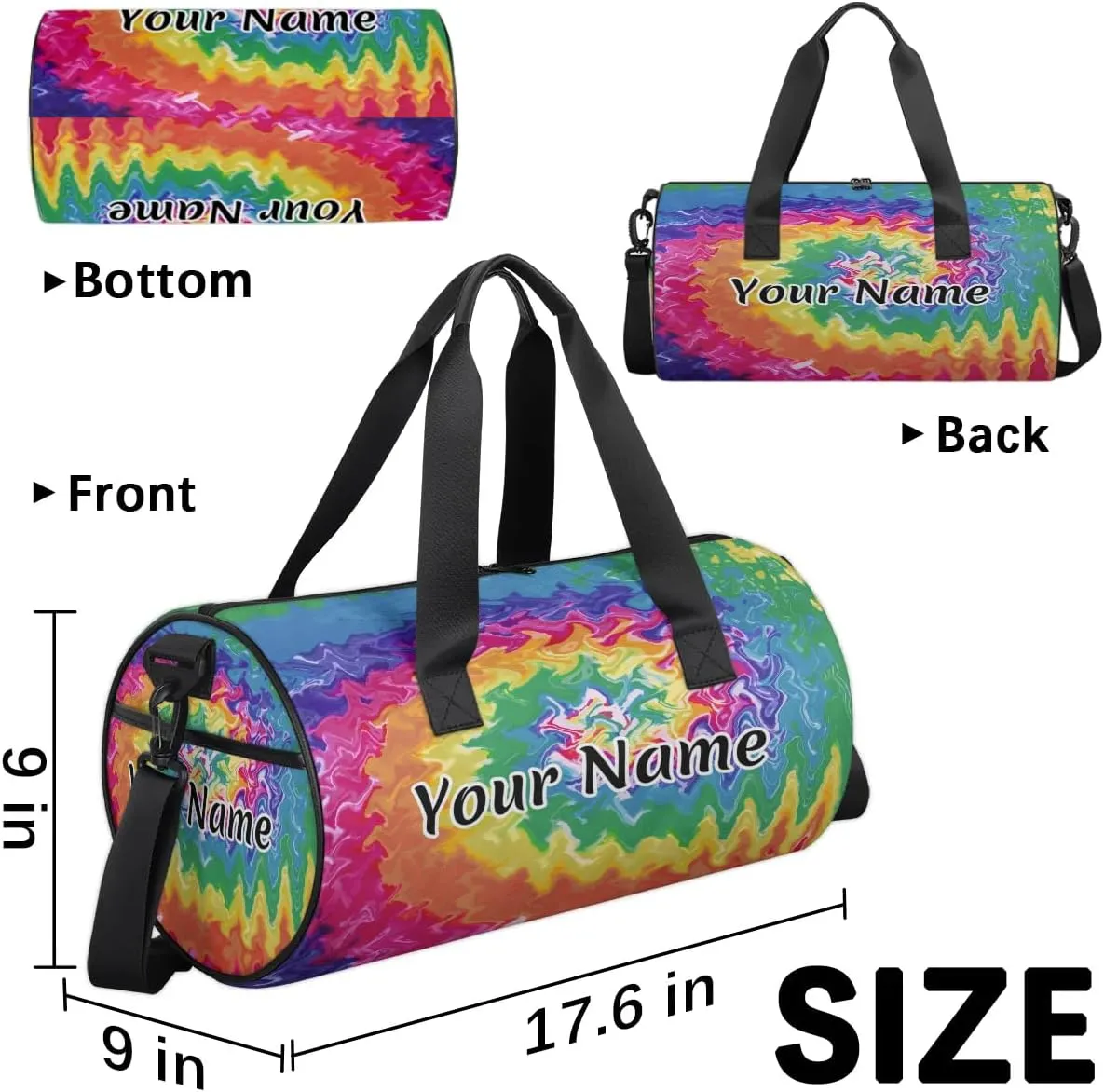 Personalized Duffel Bag for Women, Custom Colorful Tie Dye Gym Bag for Sports, Waterproof Dance Bag with Name, Lightweight Carryon Gym Bag, Rainbow Spiral Visual