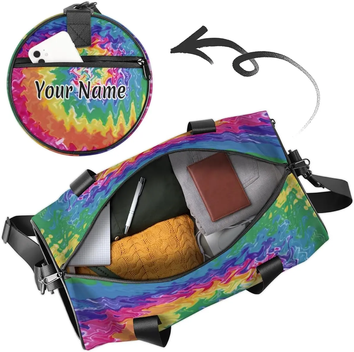 Personalized Duffel Bag for Women, Custom Colorful Tie Dye Gym Bag for Sports, Waterproof Dance Bag with Name, Lightweight Carryon Gym Bag, Rainbow Spiral Visual