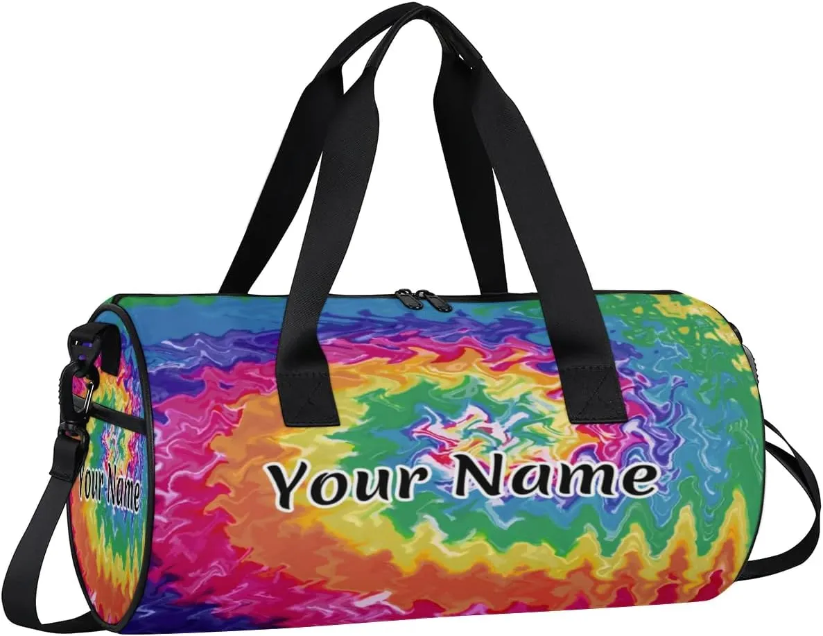 Personalized Duffel Bag for Women, Custom Colorful Tie Dye Gym Bag for Sports, Waterproof Dance Bag with Name, Lightweight Carryon Gym Bag, Rainbow Spiral Visual
