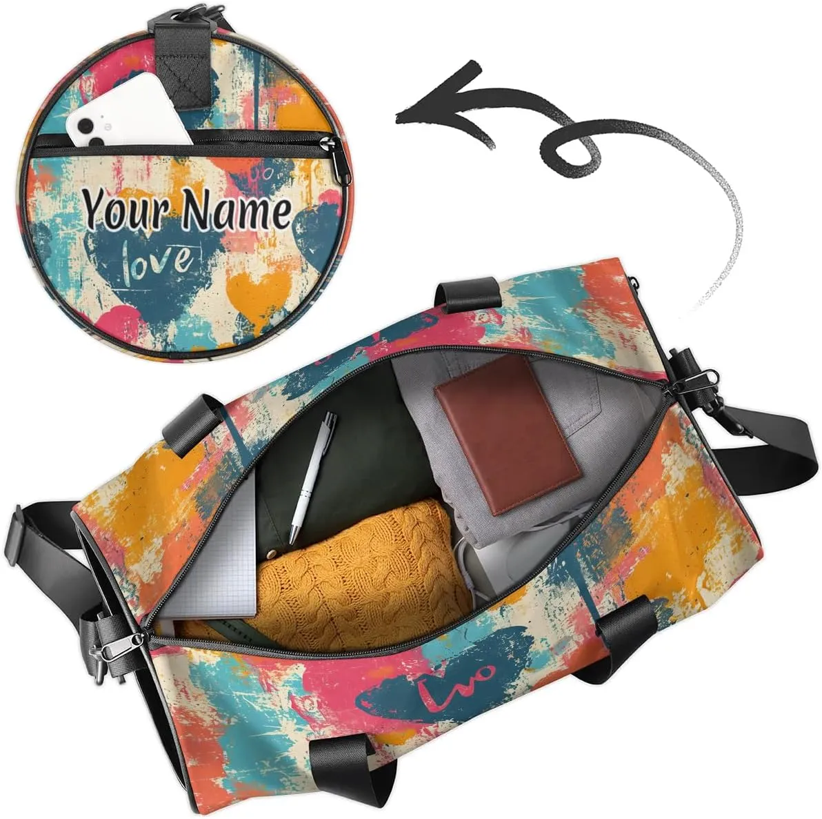 Personalized Duffel Bag for Women, Custom Tie-Dye Heart Gym Bag for Sports, Waterproof Dance Bag with Name, Lightweight Carryon Gym Bag, Valentine's Day