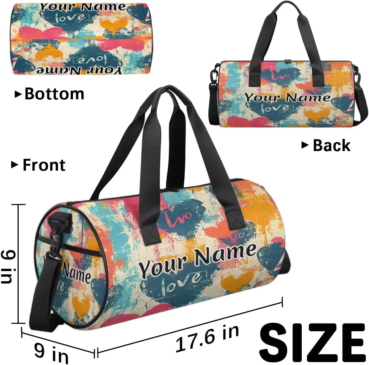 Personalized Duffel Bag for Women, Custom Tie-Dye Heart Gym Bag for Sports, Waterproof Dance Bag with Name, Lightweight Carryon Gym Bag, Valentine's Day