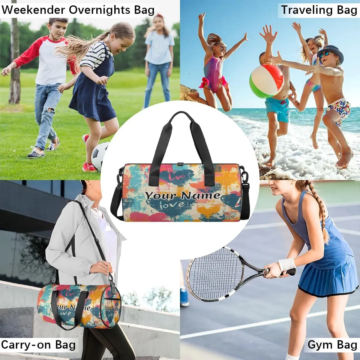 Personalized Duffel Bag for Women, Custom Tie-Dye Heart Gym Bag for Sports, Waterproof Dance Bag with Name, Lightweight Carryon Gym Bag, Valentine's Day