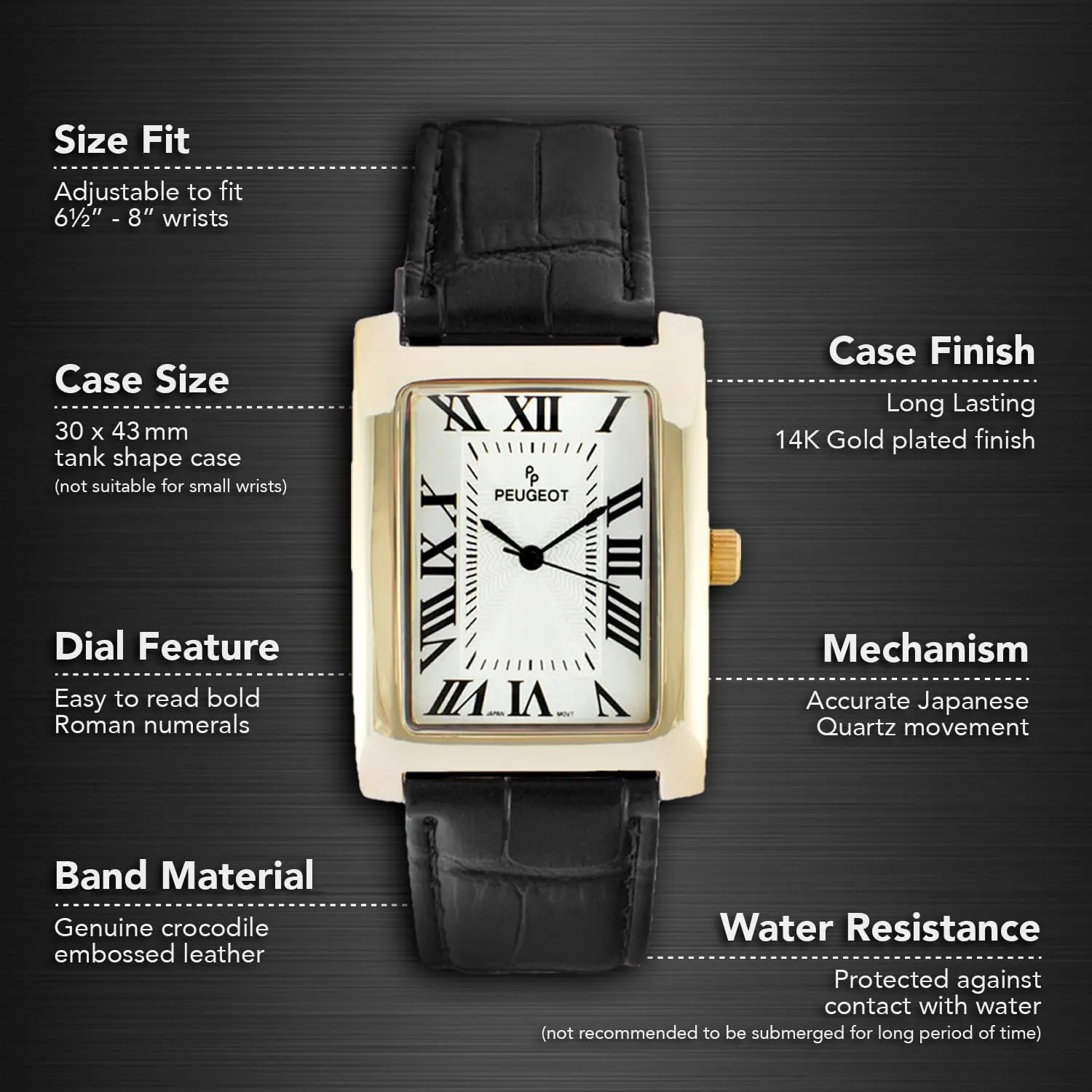 Peugeot Men’s Vintage Tank Shape 14K Gold Plated Wrist Watch with Roman Numeral Dial