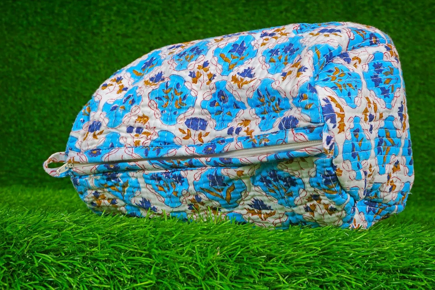 Pieces Indian Handmade Cotton Quilted Handmade Floral Hand Block Print Toiletry Bag,Cosmetic Pouch Bag Makeup Bag For Women (1, Blue and Gray), 85485