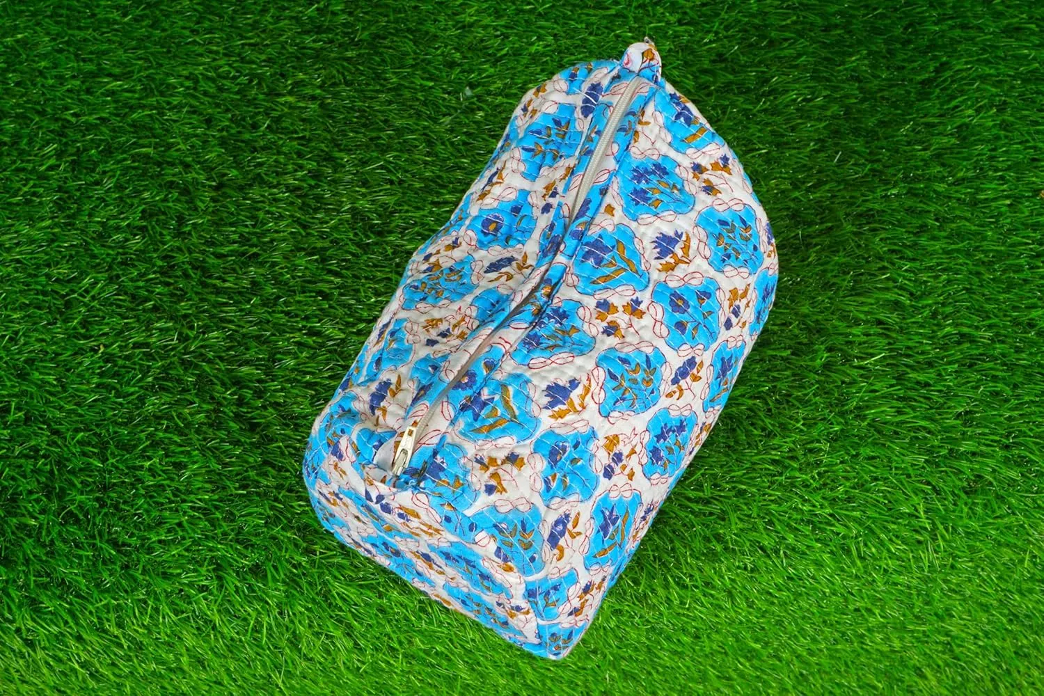 Pieces Indian Handmade Cotton Quilted Handmade Floral Hand Block Print Toiletry Bag,Cosmetic Pouch Bag Makeup Bag For Women (1, Blue and Gray), 85485