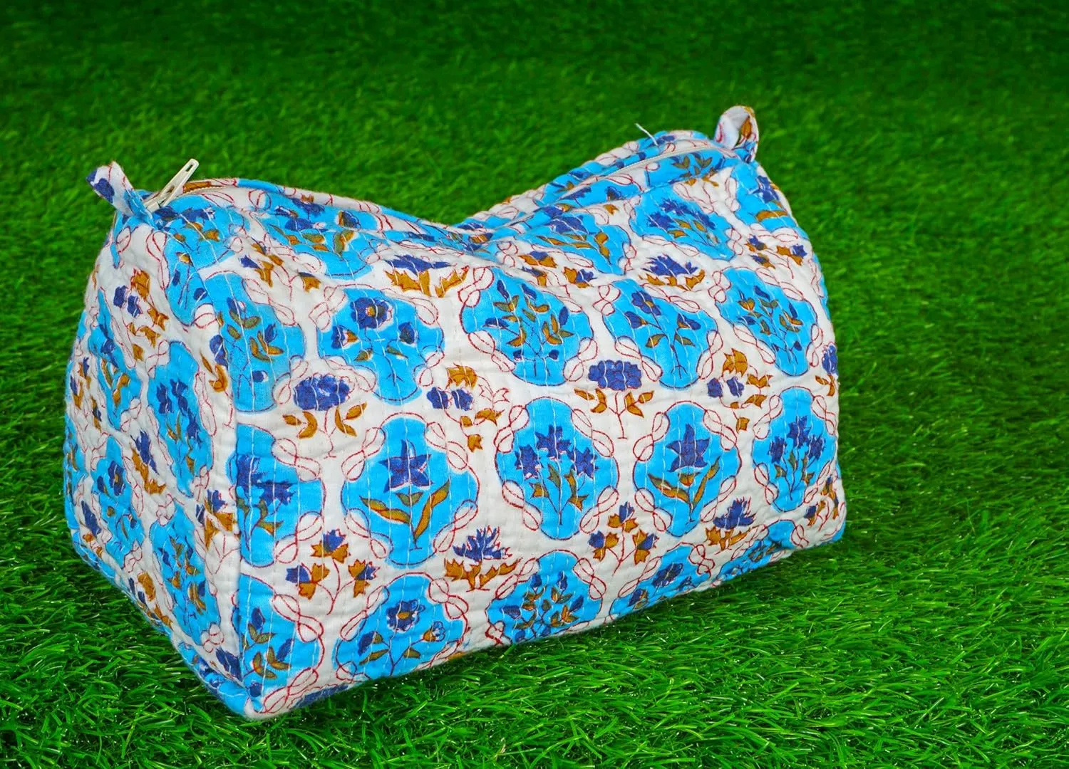 Pieces Indian Handmade Cotton Quilted Handmade Floral Hand Block Print Toiletry Bag,Cosmetic Pouch Bag Makeup Bag For Women (1, Blue and Gray), 85485