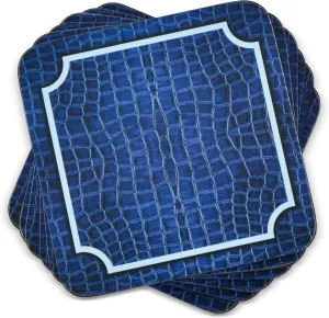 Pimpernel Blue Croc Leather Coasters - Set of 6 Patterned Leather Drink Protectors with Cork Backing - Heat Resistant & Stain Resistant Surface Shields for Mugs Cocktails & Tabletop Beverage Use