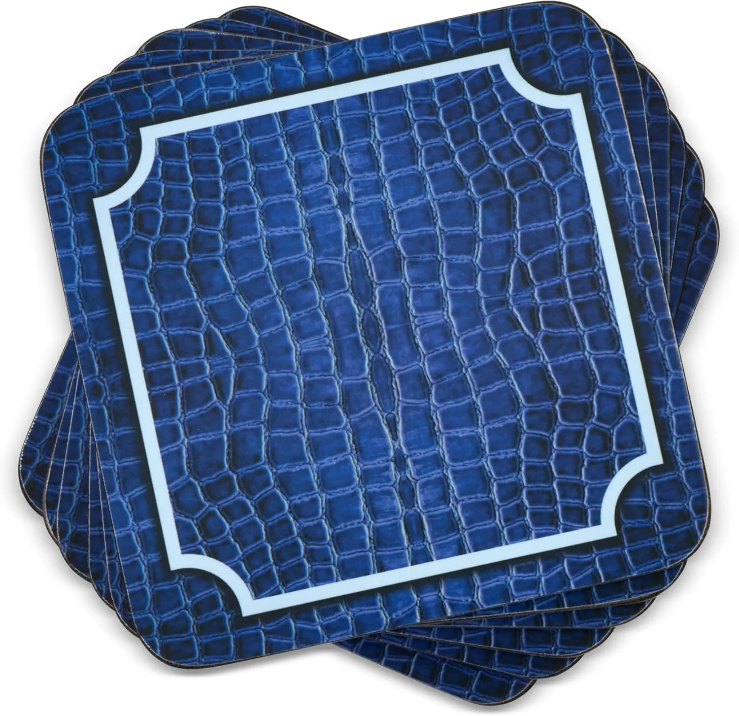 Pimpernel Blue Croc Leather Coasters - Set of 6 Patterned Leather Drink Protectors with Cork Backing - Heat Resistant & Stain Resistant Surface Shields for Mugs Cocktails & Tabletop Beverage Use